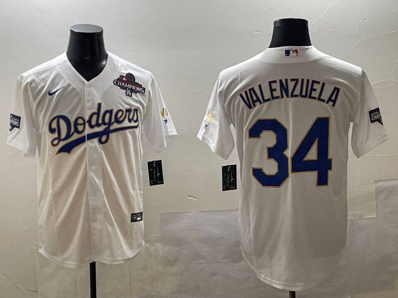 Men Los Angeles Dodgers 34 Valenzuela White blue Gold Game 2025 Nike MLB Jersey style 6